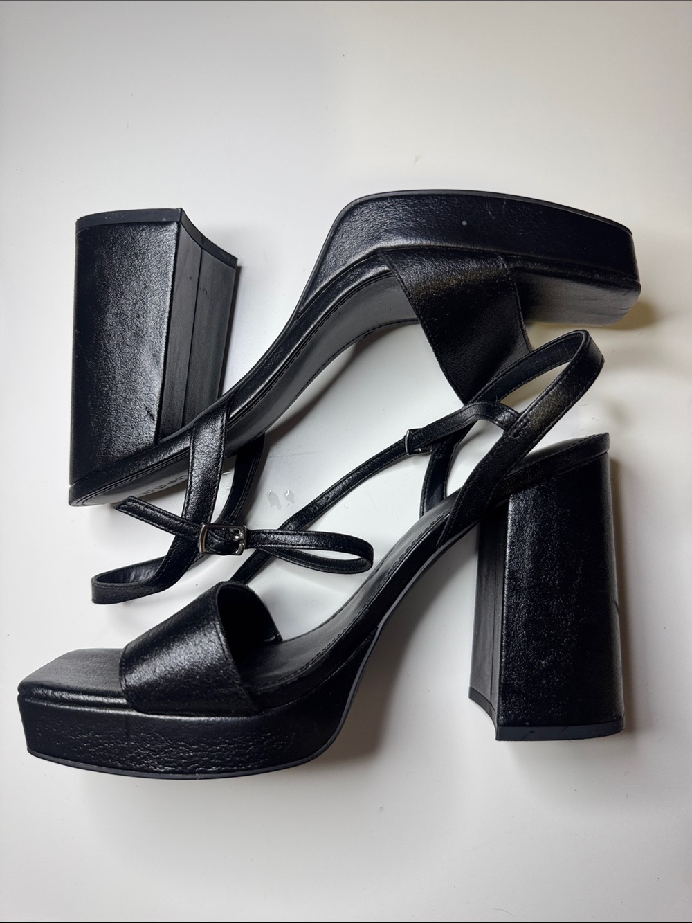 Black Platform Block Heel Sandals with Ankle Strap - Women